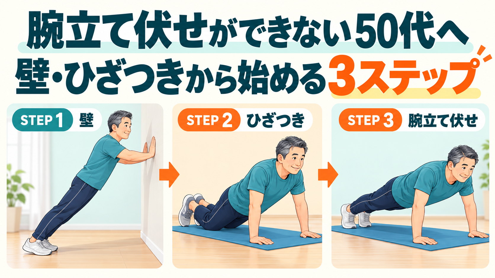 壁から始める腕立て伏せ3ステップ